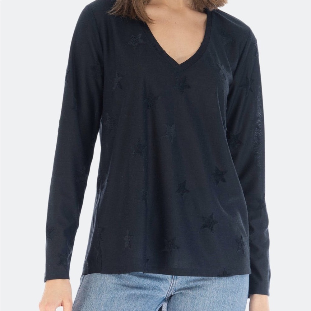 BOBEAU Flocked V-neck Denim Stars Long Sleeves Top In Navy Size XS